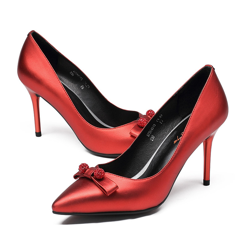 红蜻蜓女鞋新款正品时尚优雅蝴蝶结水钻细高跟