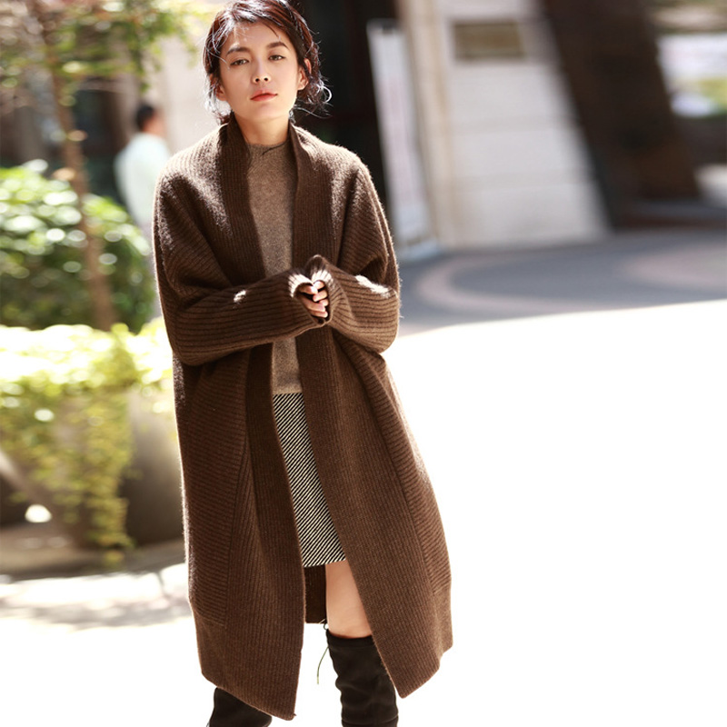 2017冬季新款韩国宽松高端气质中长款过膝牦牛绒大毛衣针织开衫女