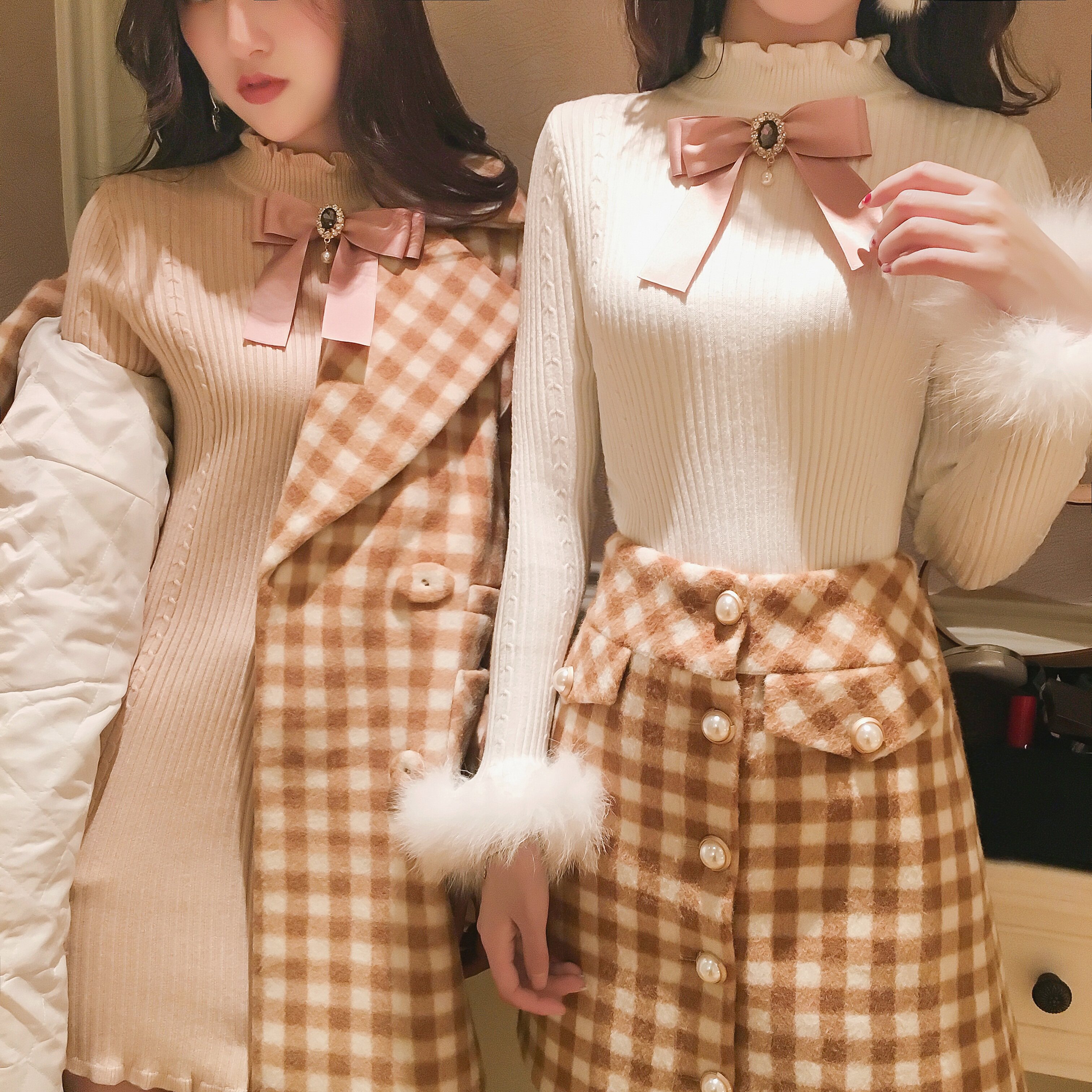 冬季_冬季新款甜美木耳边立领蝴蝶结狐狸毛针织连衣裙打底毛衣闺蜜装