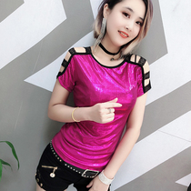 t恤短袖女2019新款潮显瘦修身百搭性感拼接蕾丝露肩上衣洋气小衫