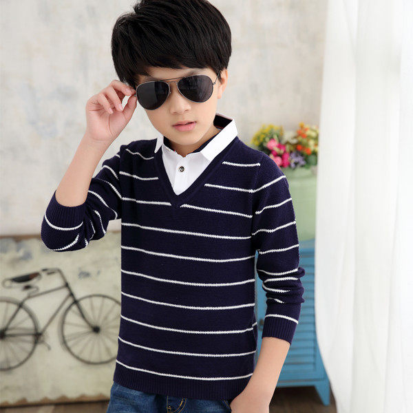 假两件套衬衫男学生_儿童装男童毛衣假两件套中大童套头针织衫小学生