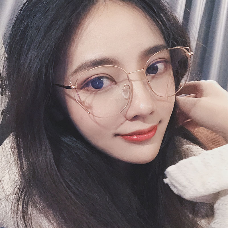 一折圆框眼镜女 大脸_斯文败类眼镜学生女近视金丝框架有片 韩版防
