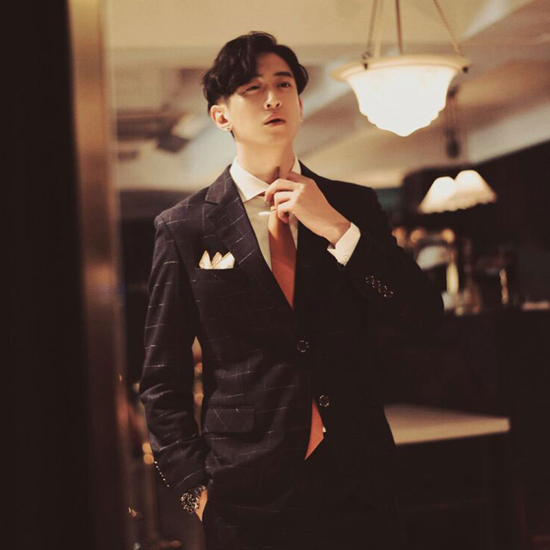 新品商务时尚韩版chris wang男士休闲条纹格子型春秋西服套装