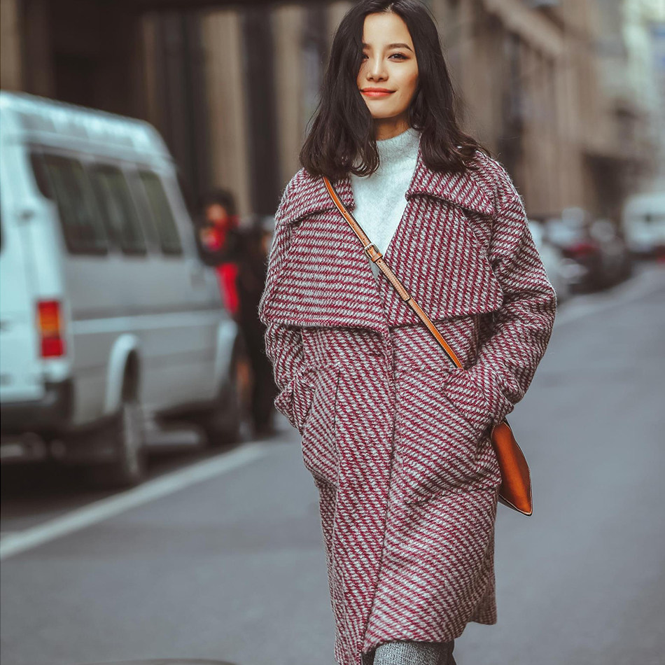 原创条纹韩国学生加厚保暖反季呢子外套