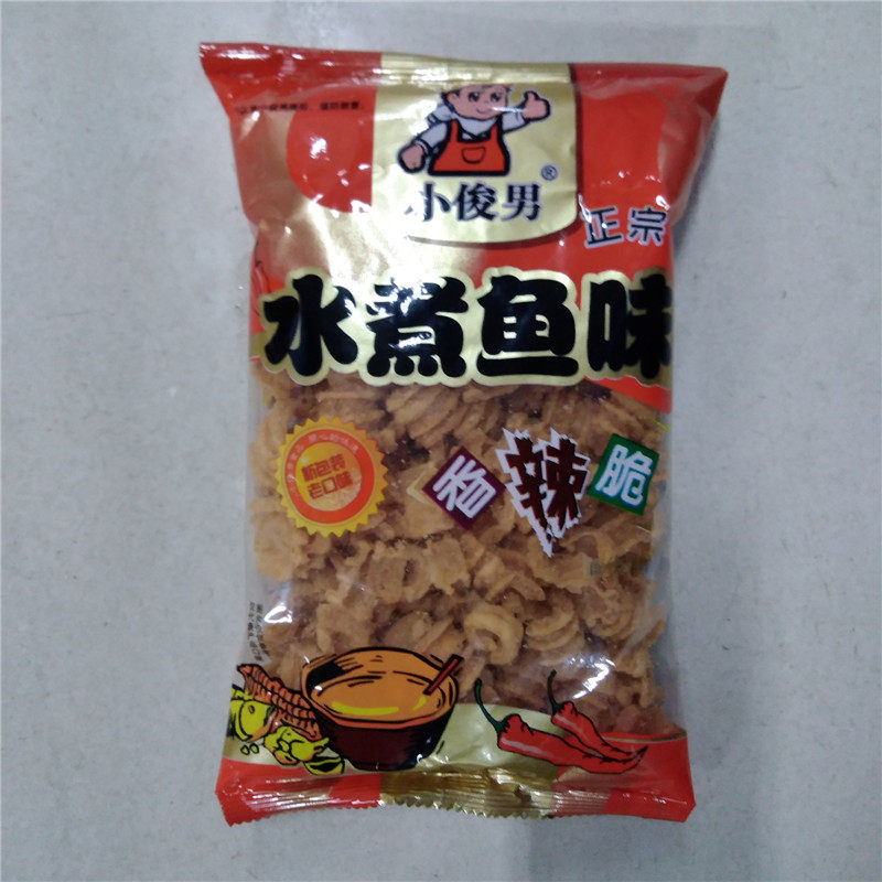 水煮鱼_小俊男水煮鱼味膨化食品贝壳酥 80后锅巴披萨卷香辣脆90g*10袋