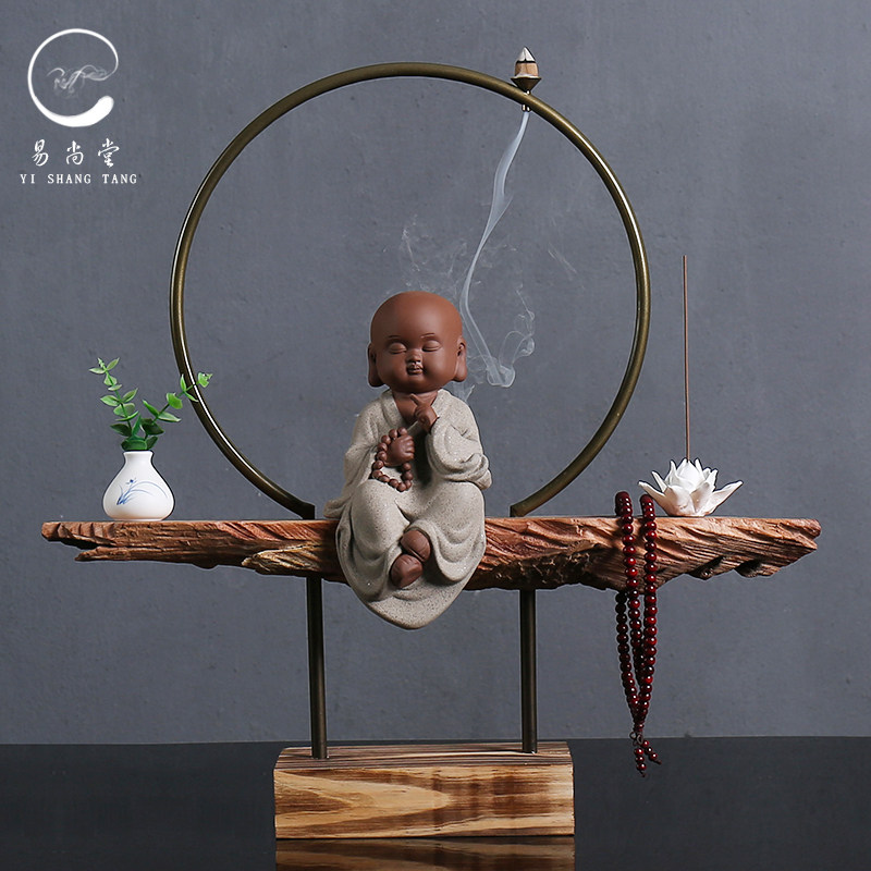 中式禅意摆件风化木陶瓷大号小和尚侍女办公室茶室茶桌会所摆设