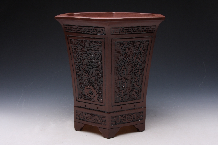 仿古浮雕兰花盆六角签筒花盆