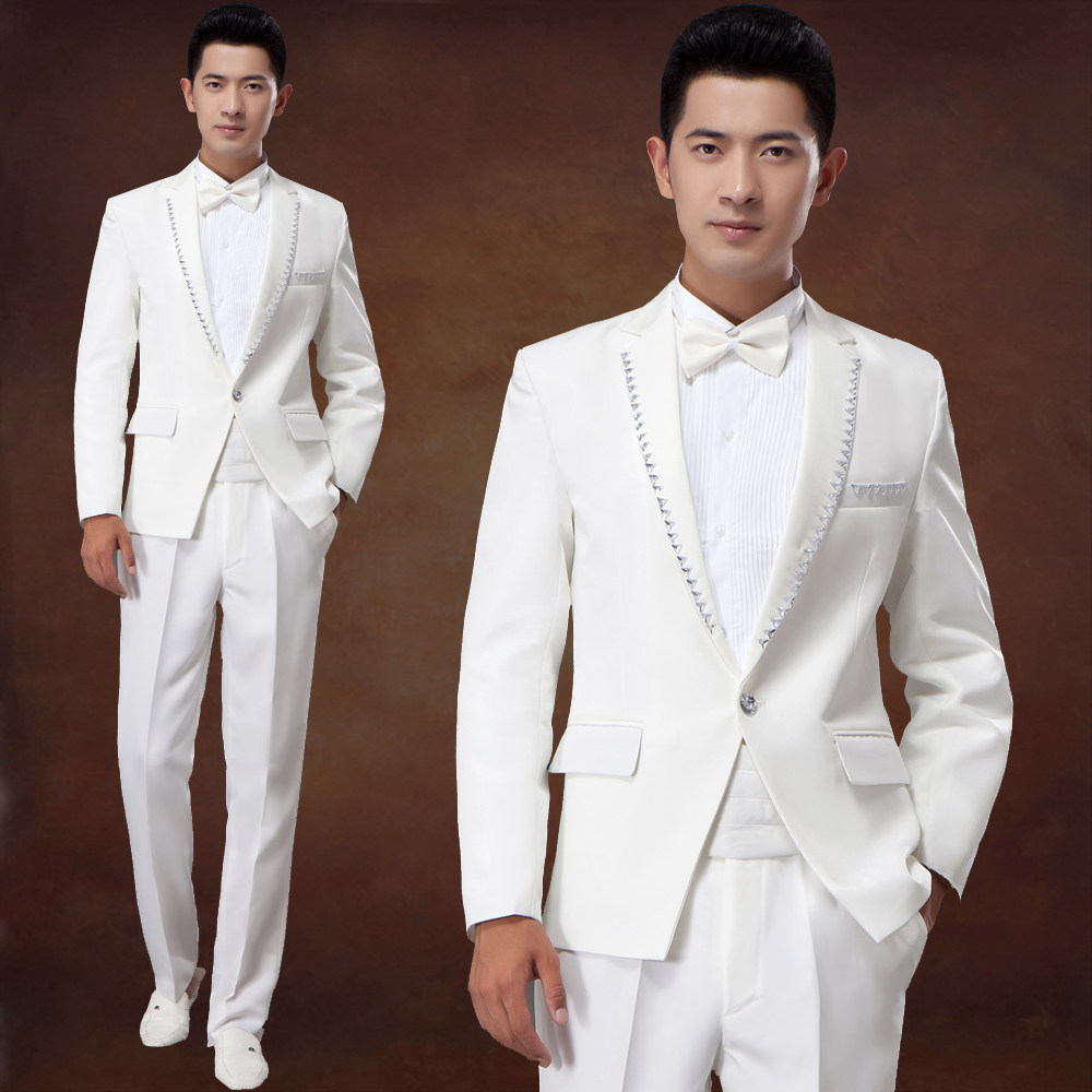 特价演出服套装男_新款男士西服套装新郎伴郎结婚白色修身礼服司仪