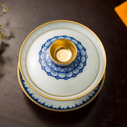 柴田 幸山窑青花描金清心盖碗茶杯描金主人茶功夫杯纯手工制作_7折