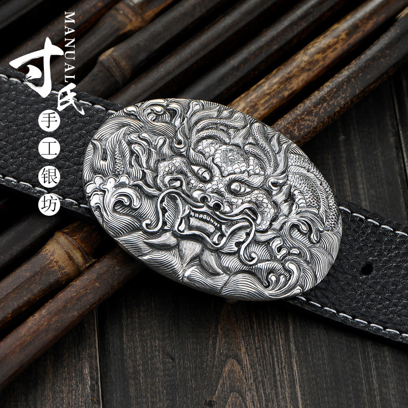 999纯银龙头板扣日字扣平滑扣针扣皮带扣头男士腰带扣手工牛头扣