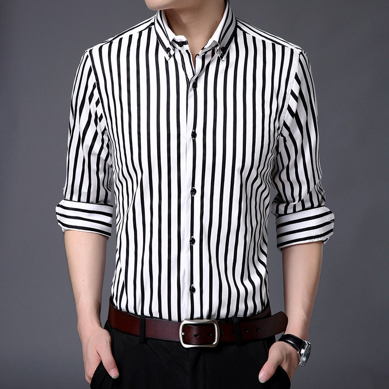 秋季男士纯棉条纹长袖衬衫时尚韩版衬衣休闲男装寸衫大码潮流衣服5元