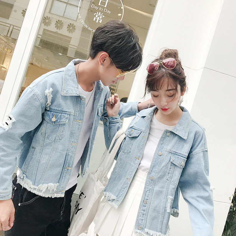情侣装秋装2017新款韩版字母短款牛仔外套女秋季宽松学生破洞夹克
