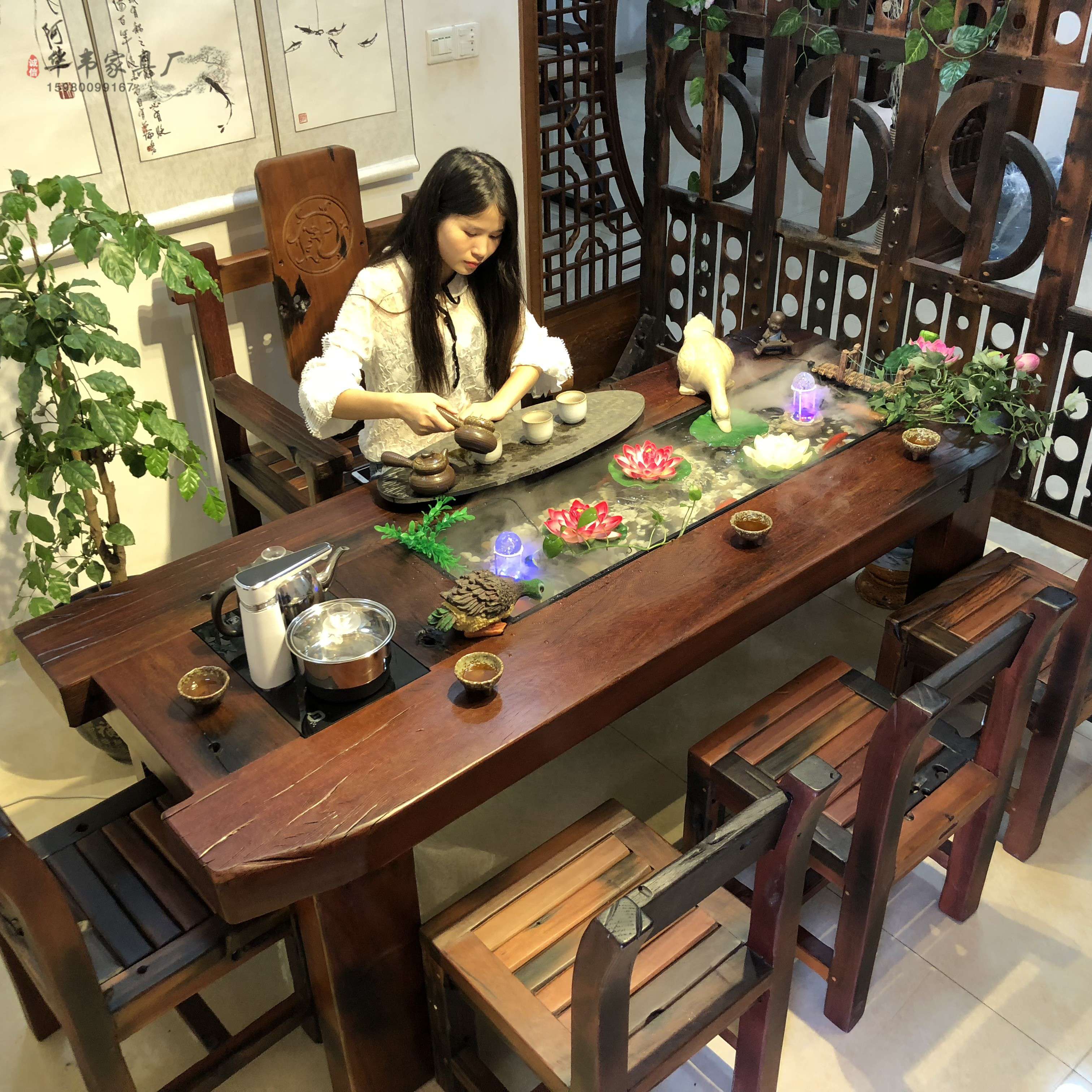 原生态实木曲畅禅意循环流水风水茶台养鱼缸喝工夫茶桌椅组合茶几