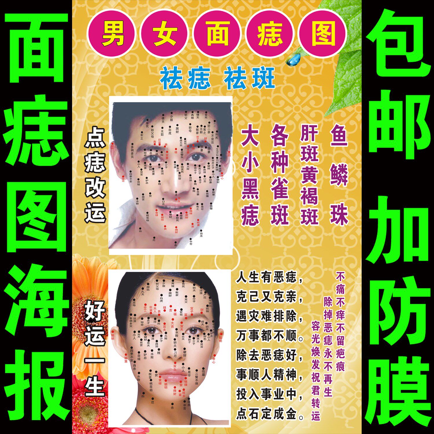 点痣_男女美容脸部点痣海报祛痣祛斑面痣取痣去痣挂图 除痣经络穴位图