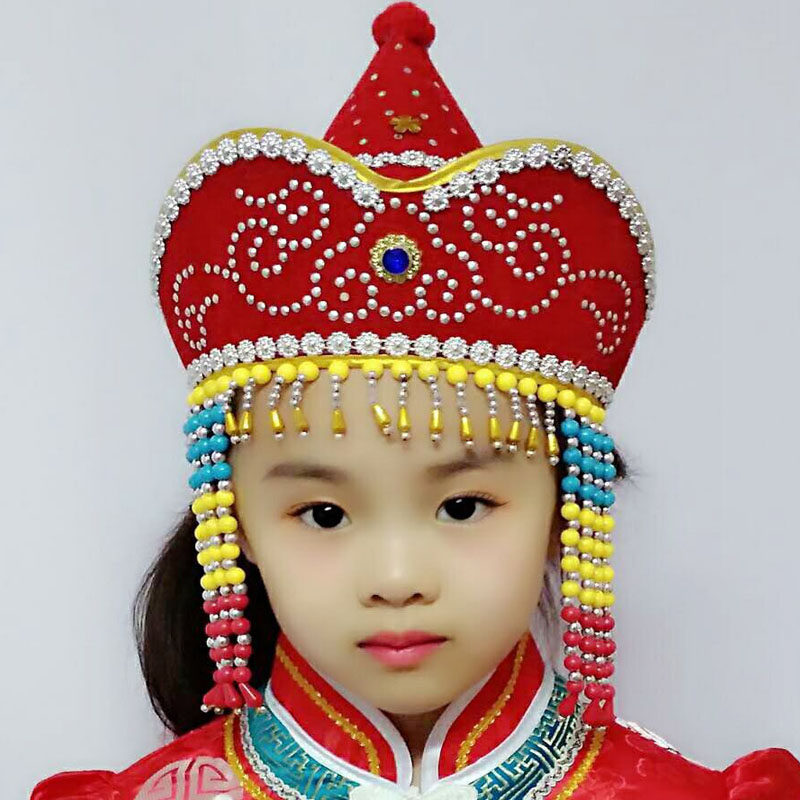 蒙古女族头饰儿童_儿童蒙古族演出帽头饰帽女童舞蹈帽子少数民族帽子