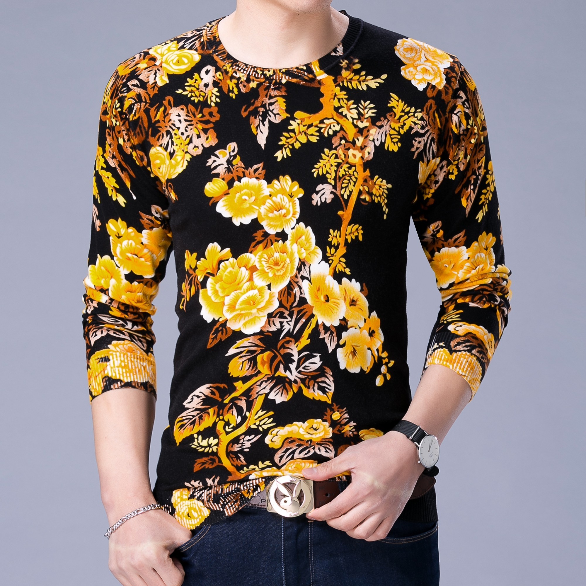 男土长袖t恤韩版针织衫霸气花纹身图案个性打底体恤创意上衣服优惠券