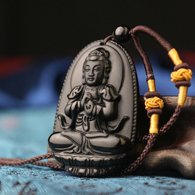 开光天然黑曜石生肖守护佛吊坠虚空藏大势至菩萨本命年化煞吉祥物