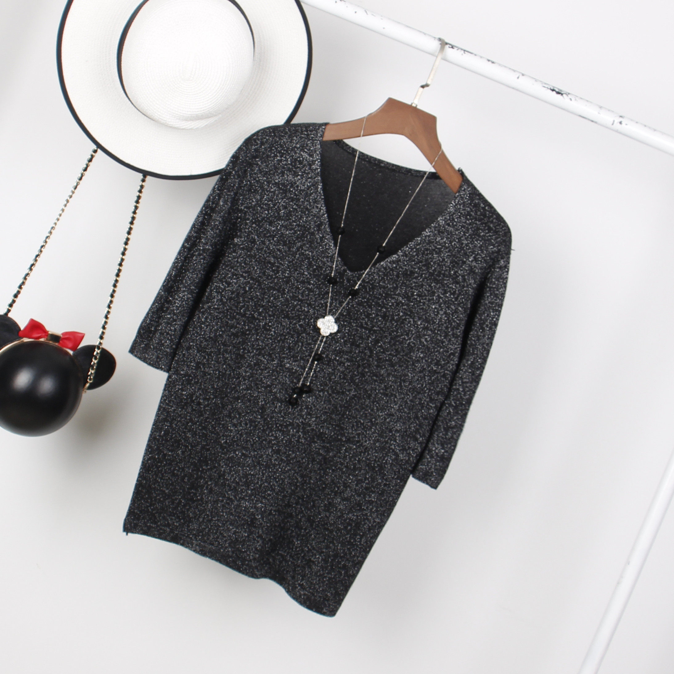 秋季女装v领亮丝亮片金银丝线毛线毛衣针织中袖针织打底衫上衣新