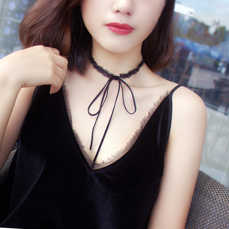 韩版原宿颈链项圈朋克个性锁骨链金属圆环吊坠绒带短款项链颈圈女