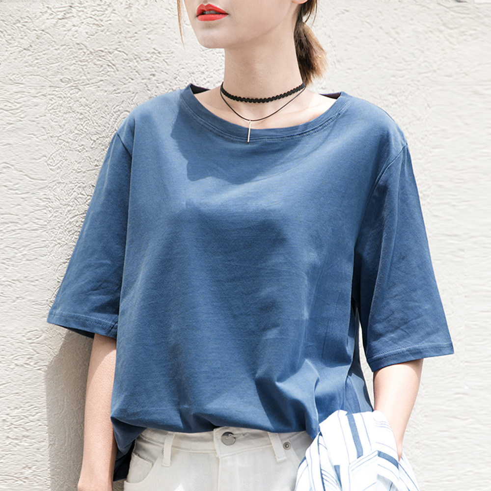 夏季新款女装学生简约时尚休闲圆领宽松大码纯色短袖棉体t恤上衣