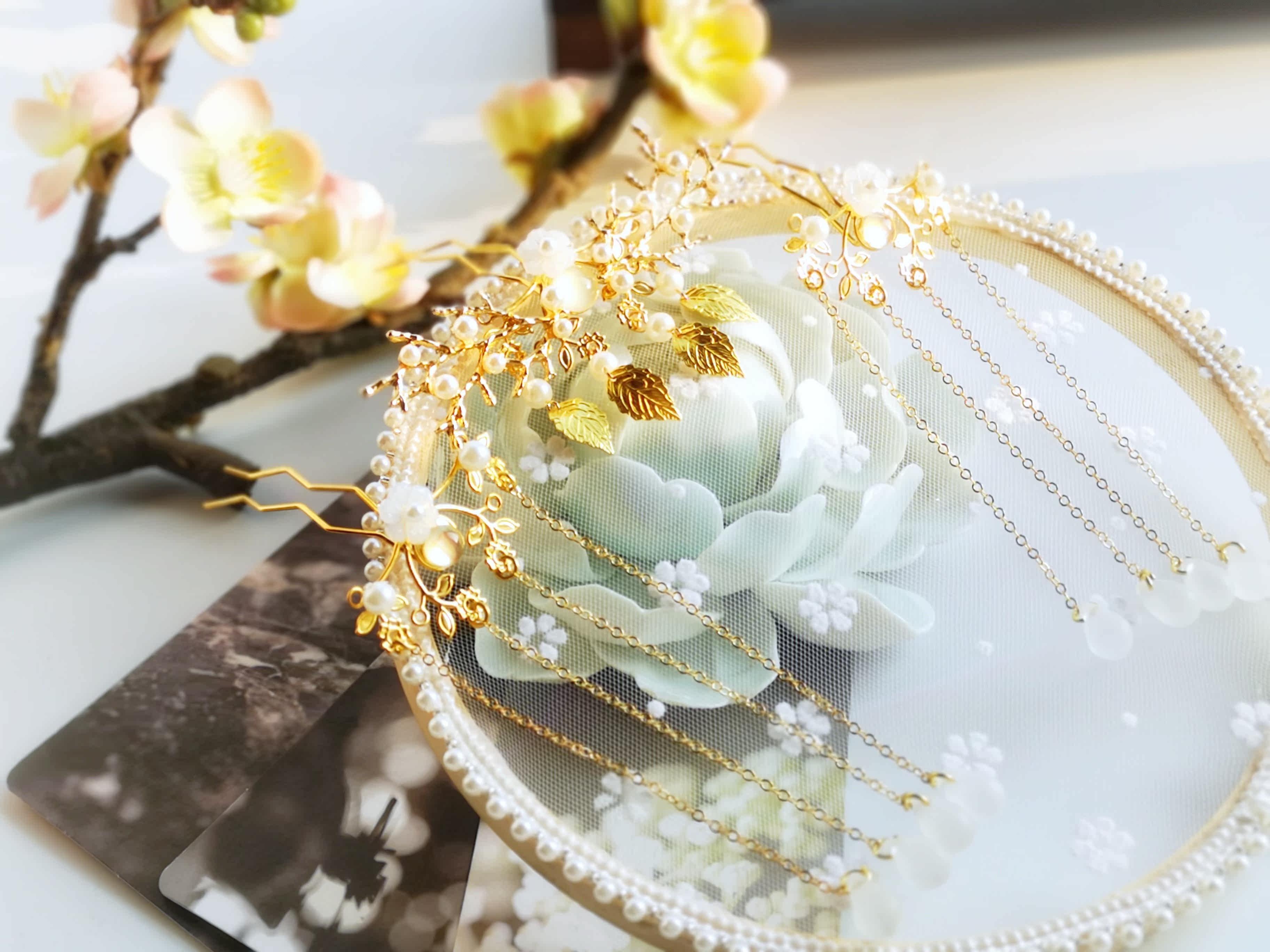 一折魏晋风头饰_云雾松涧 包邮手工古风头饰贝壳发冠发簪汉服松枝发饰