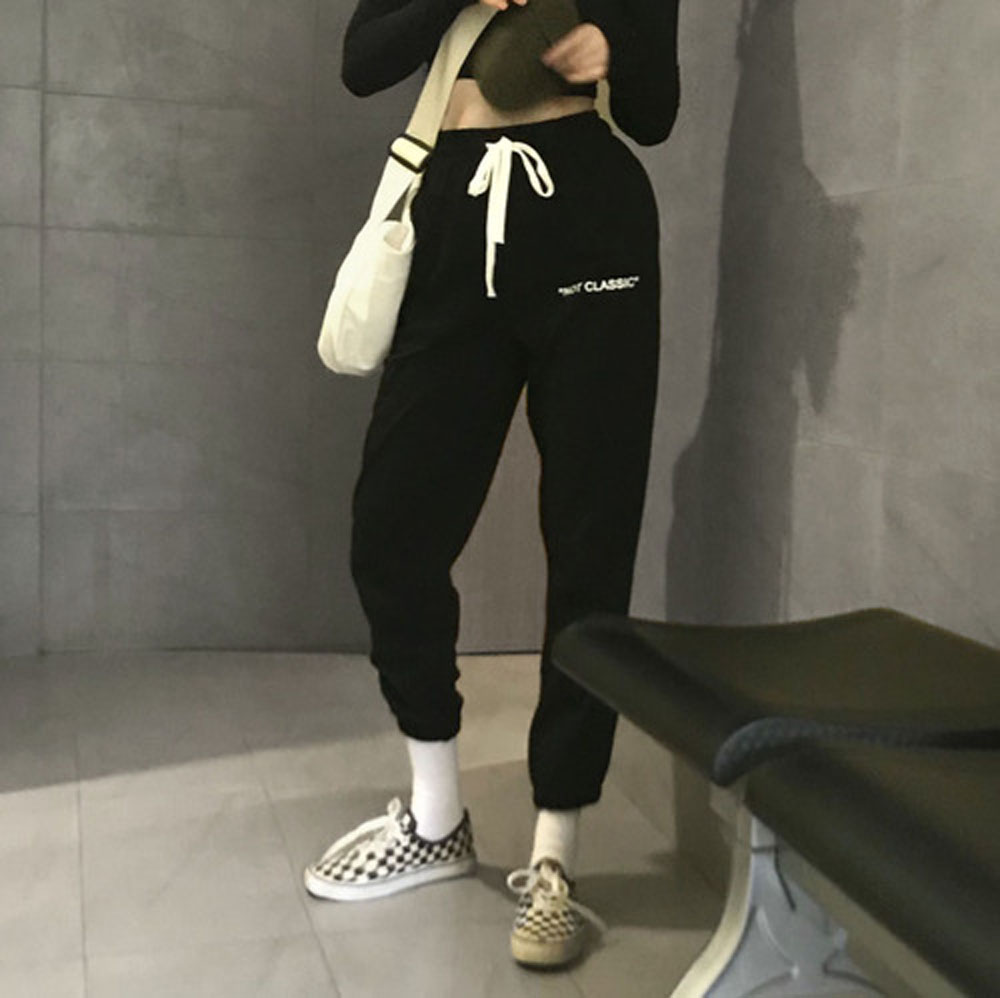 特价紧腿运动裤女_thesumey ins敲火早秋港风字母印花抽绳松紧腰运动