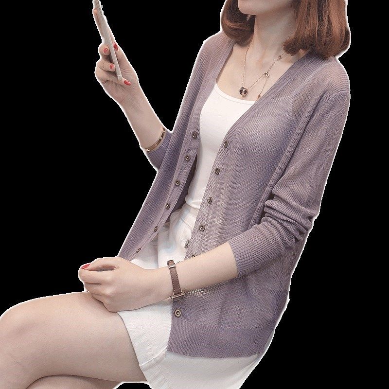 秋天襟开身针织衫女开衫薄外套夏装2018新款短款冰丝v领开胸衣服