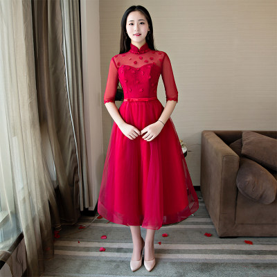 出租伴娘服新款中长款新娘敬酒服伴娘团姐妹裙酒红色宴会晚礼服春