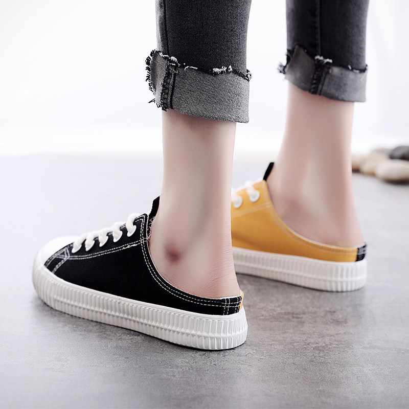 踩脚鞋_情侣休闲半脱鞋女2018懒人百搭帆布鞋女款踩脚春夏低帮一脚蹬