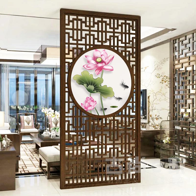 现代简约新中式隔断客厅办公室玄关实木屏风半透明入户圆形座屏
