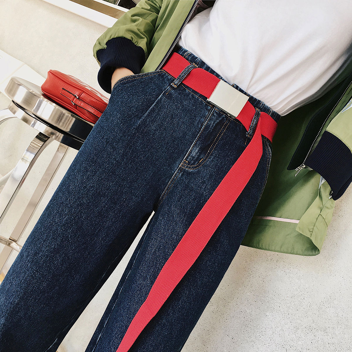 韩版时尚简约百搭学生休闲装饰红色平滑扣帆布宽牛仔裤女款腰带潮