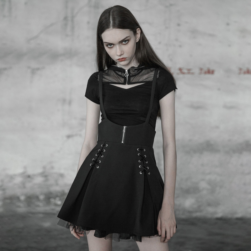 一折黑色半身裙夏_punkrave个性绑带背带裙女夏2018新款高腰显瘦百搭a