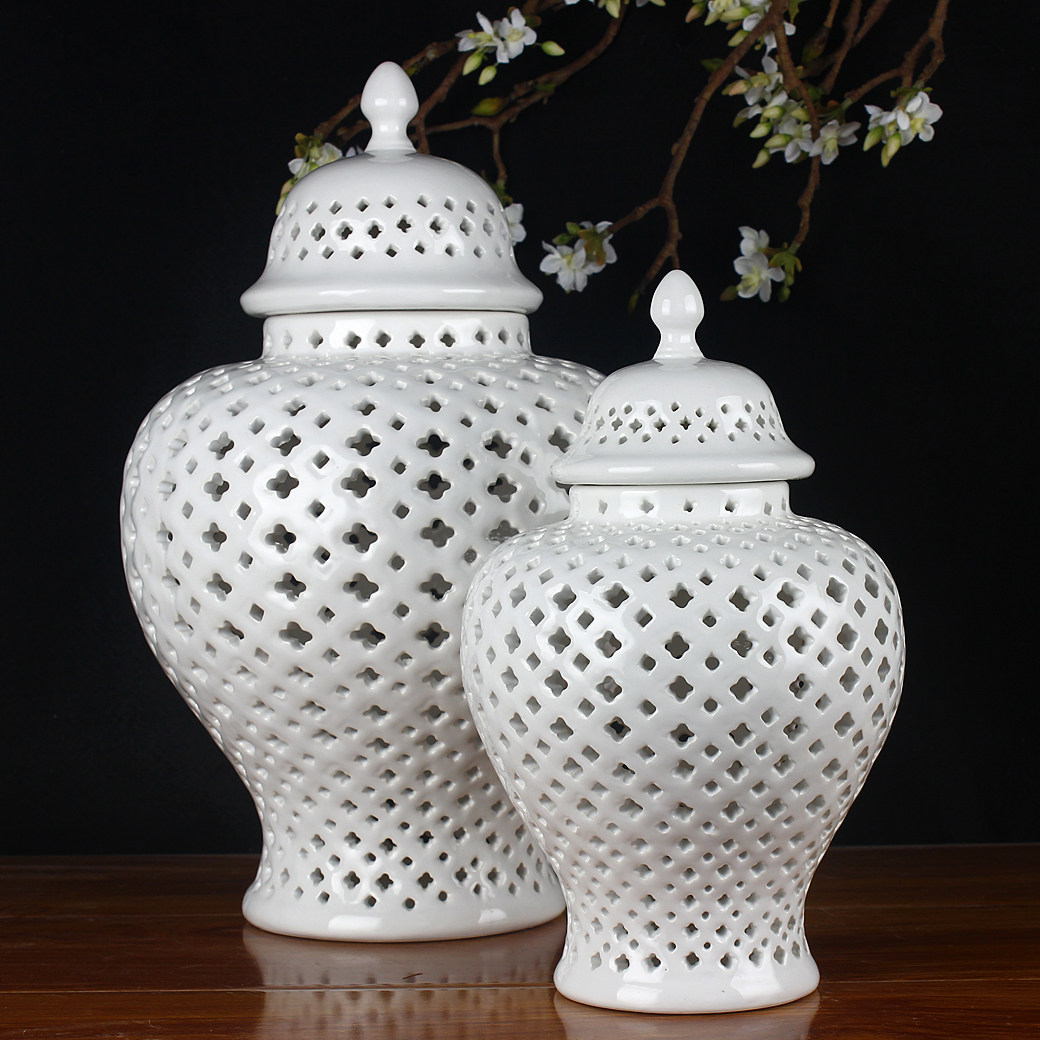 纯色花瓶_景德镇镂空全白花瓶纯色将军罐装饰器皿摆件艺术品样板房