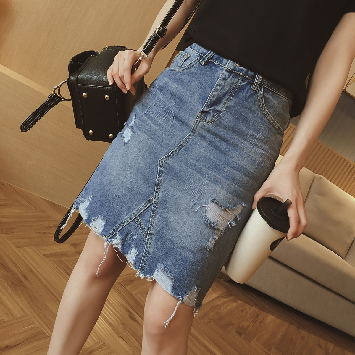 2018春季新款女装韩版高腰显瘦半身裙破洞牛仔