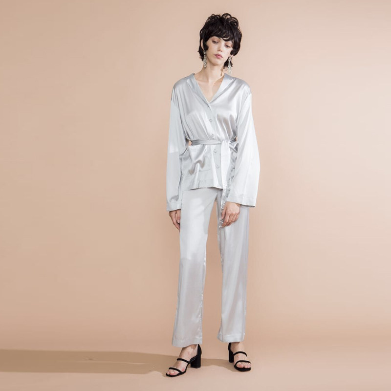 授权英国设计师品牌tba 真丝系带长袖西服套装2017春夏新款