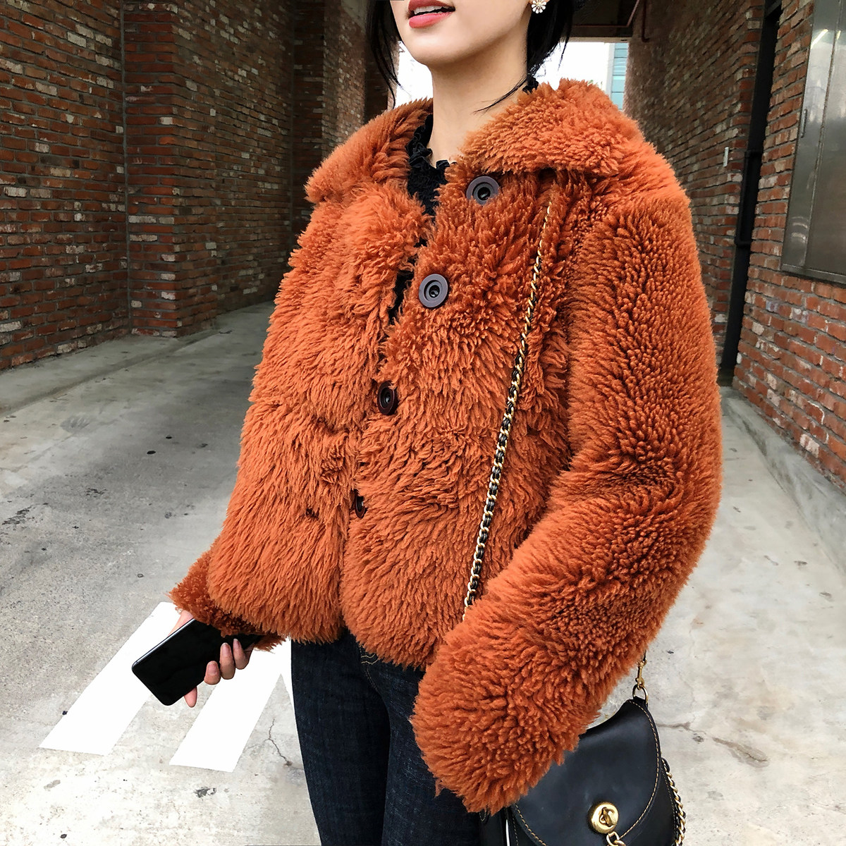 西班牙美利奴原毛皮毛一体大衣女短款焦糖色羊羔裘皮草外套优惠券