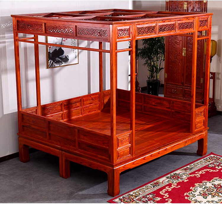 一折新中式床_古代床中式红花梨色架子床双人大床实木床明清古典家具