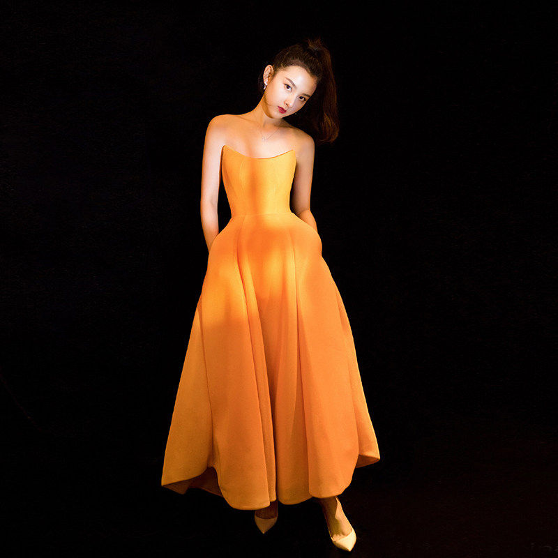 特价桔色成人_晚礼服女2019新款公主裙女成人黄色生日派对宴会年会