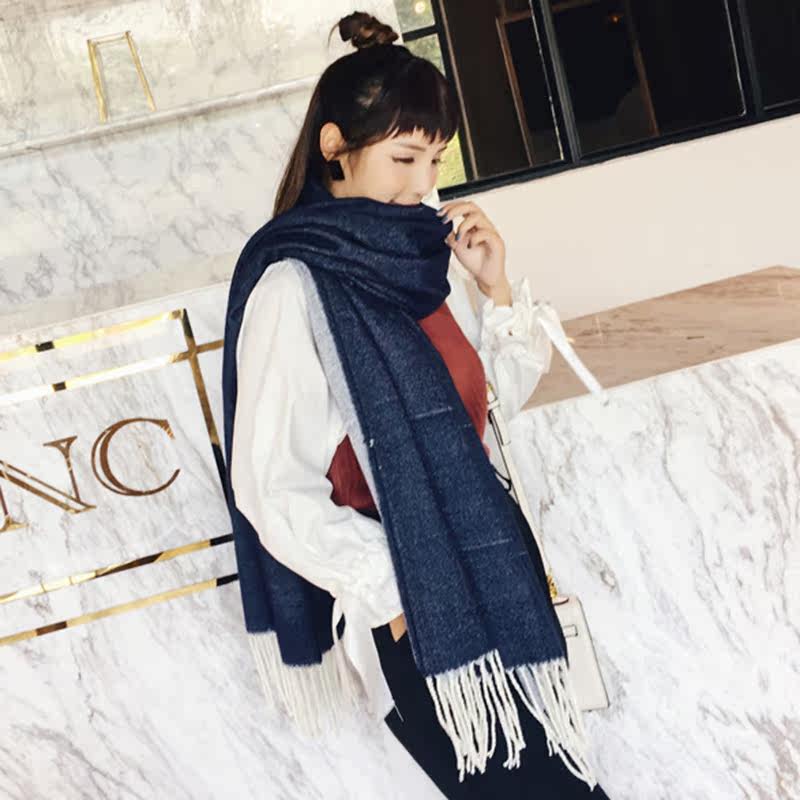 蓝色围巾女冬季 羊绒_扎染牛仔风女年轻人休闲围脖长藏蓝色冬季围巾仿