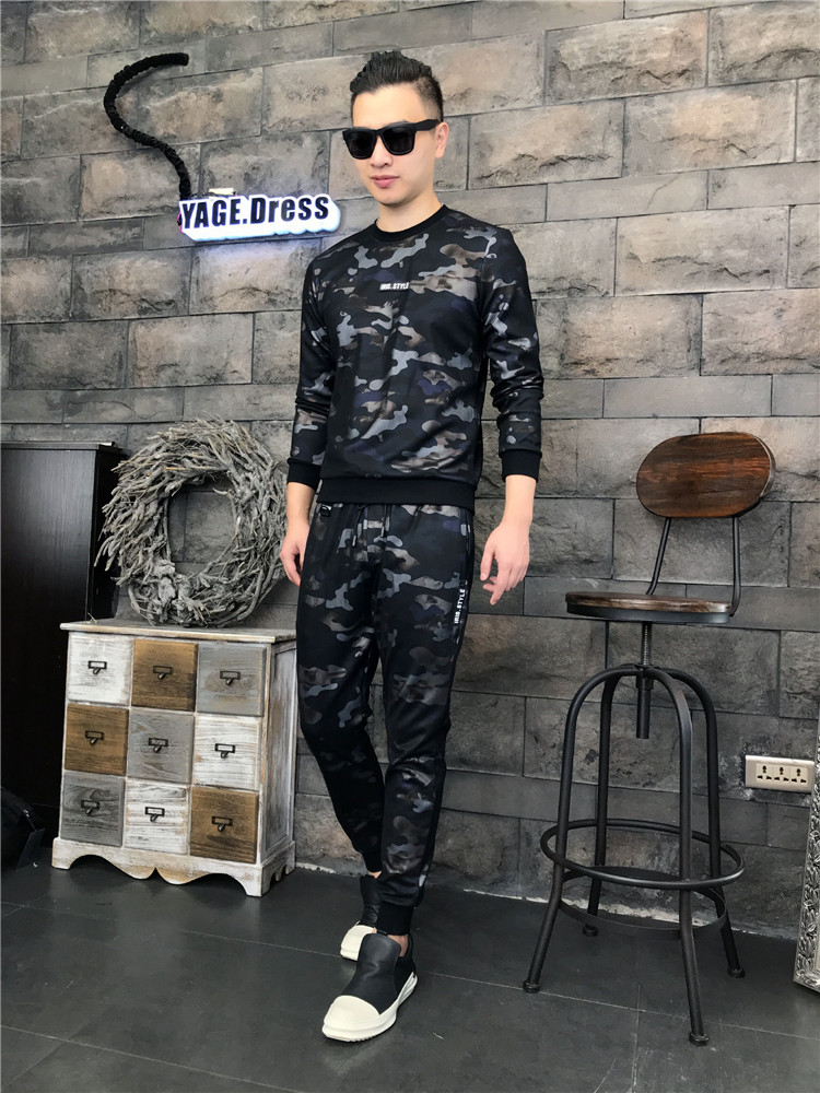 迷彩套装男 韩版修身_迷彩运动套装男款2018秋季休闲两件套修身韩版潮