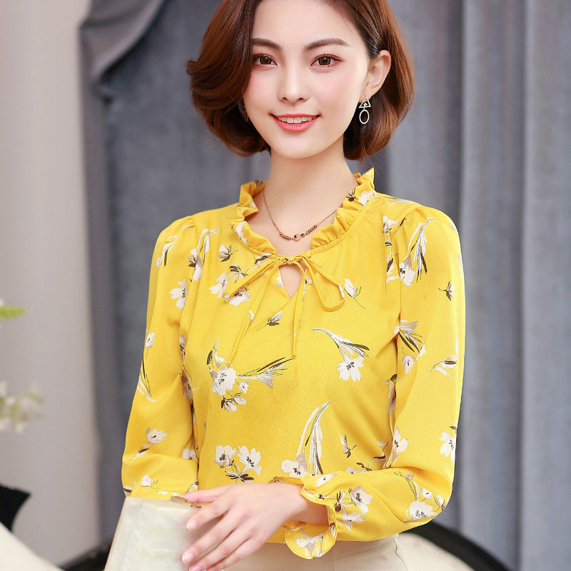 热销雪纺t恤女 宽松_长袖雪纺衫女装2018秋季新款碎花雪纺上衣服女t恤