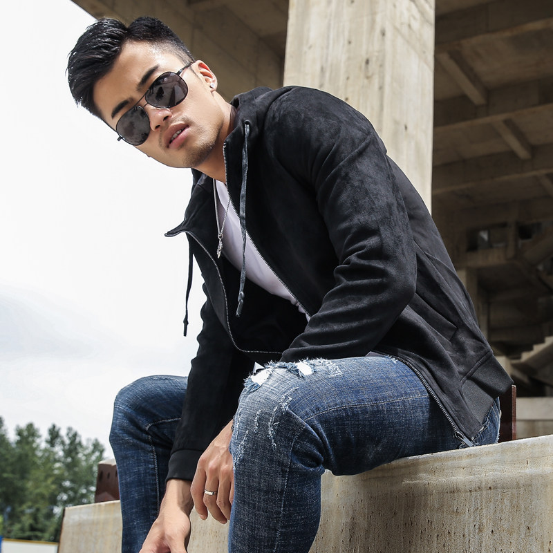 复古做旧夹克男韩版连帽老鹰印花刺绣时尚图案外套霸气社会小伙潮