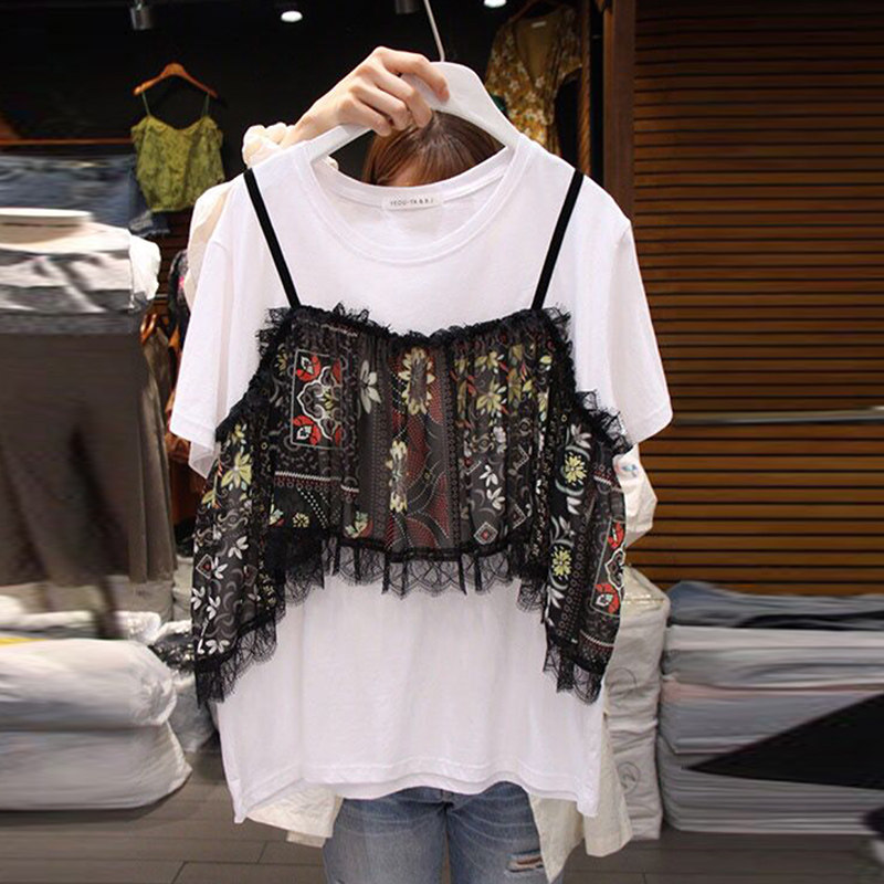 2018春夏装新款民族风小吊带拼接短袖t恤假两件套女韩版半袖上衣