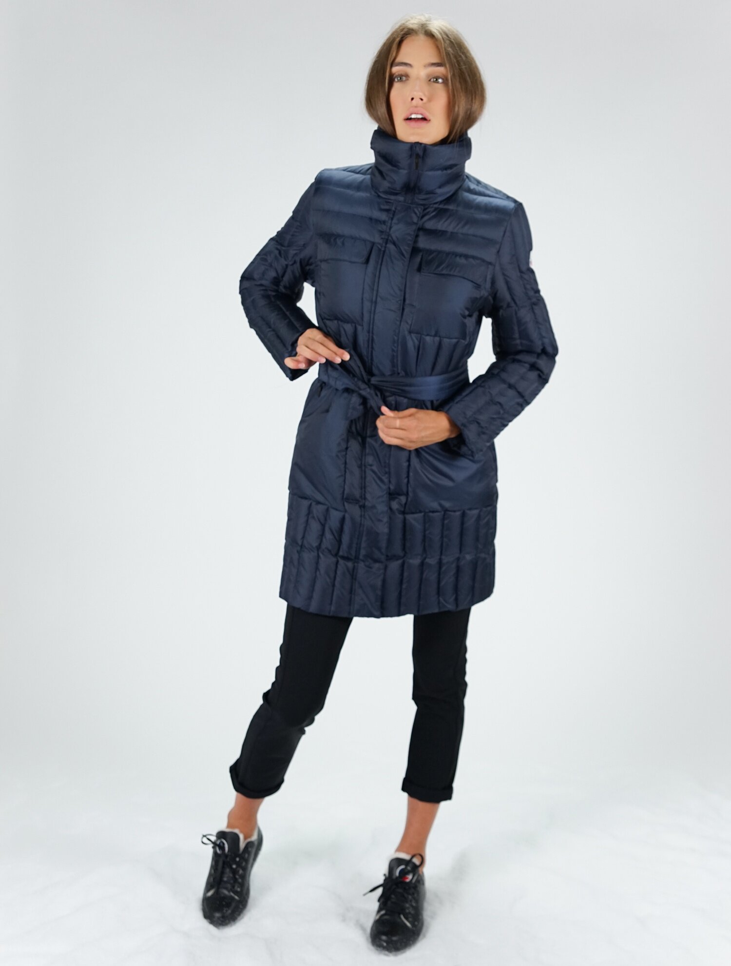 fusalp法国官网同步女款竖纹轻柔腰带新款a字中长款高领厚羽绒服