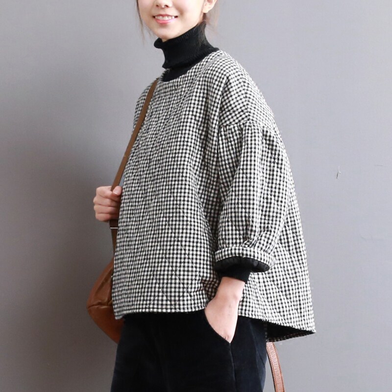 大码女装冬 打底衫_素品 冬季款格子长袖t桖文艺范加棉宽松打底衫圆领