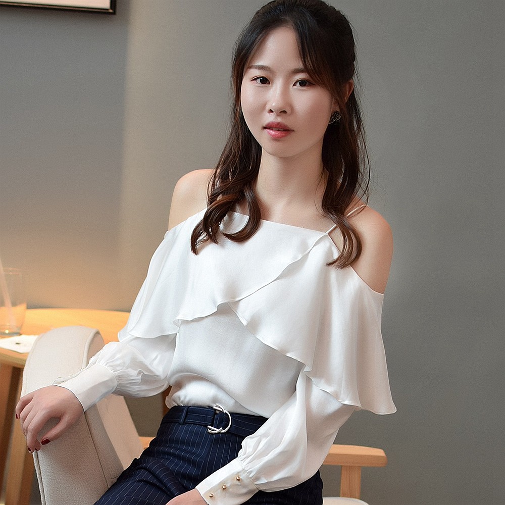 2017早秋荷叶边纯色真丝素绉缎细吊带衬衫百搭性感一字露肩上衣女