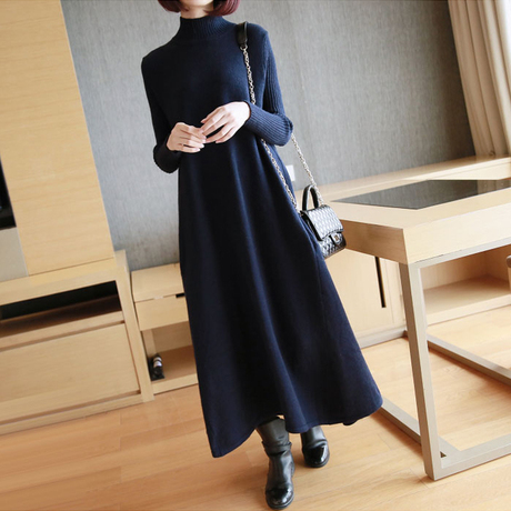 秋冬新款女针织连衣裙过膝长款大摆a字裙冬季毛衣打底连衣裙长裙