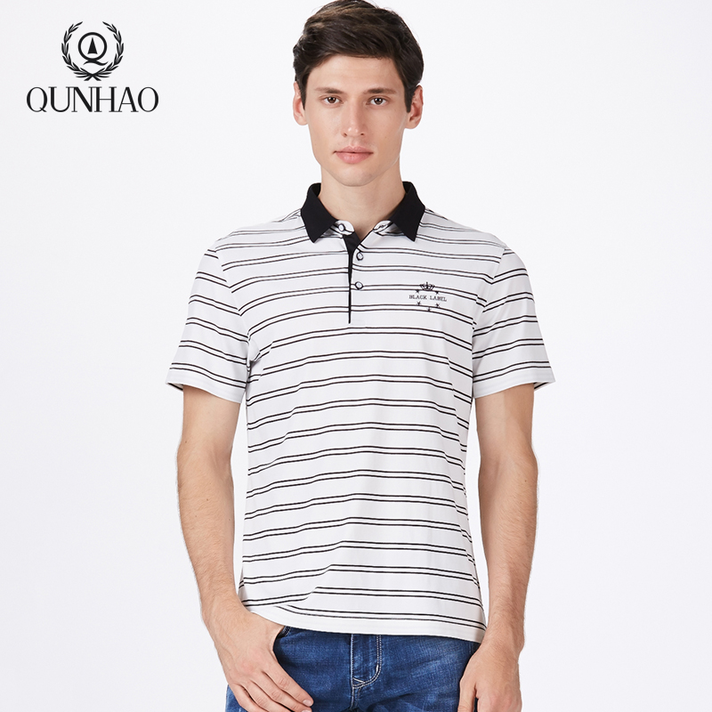群豪男装夏季新款黑白条纹针织衫男士翻领两粒扣短袖t恤polo衫