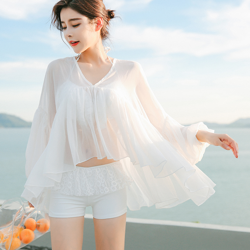 热销平角比基尼_性感泳衣女平角比基尼三件套大码白色温泉韩国小香风