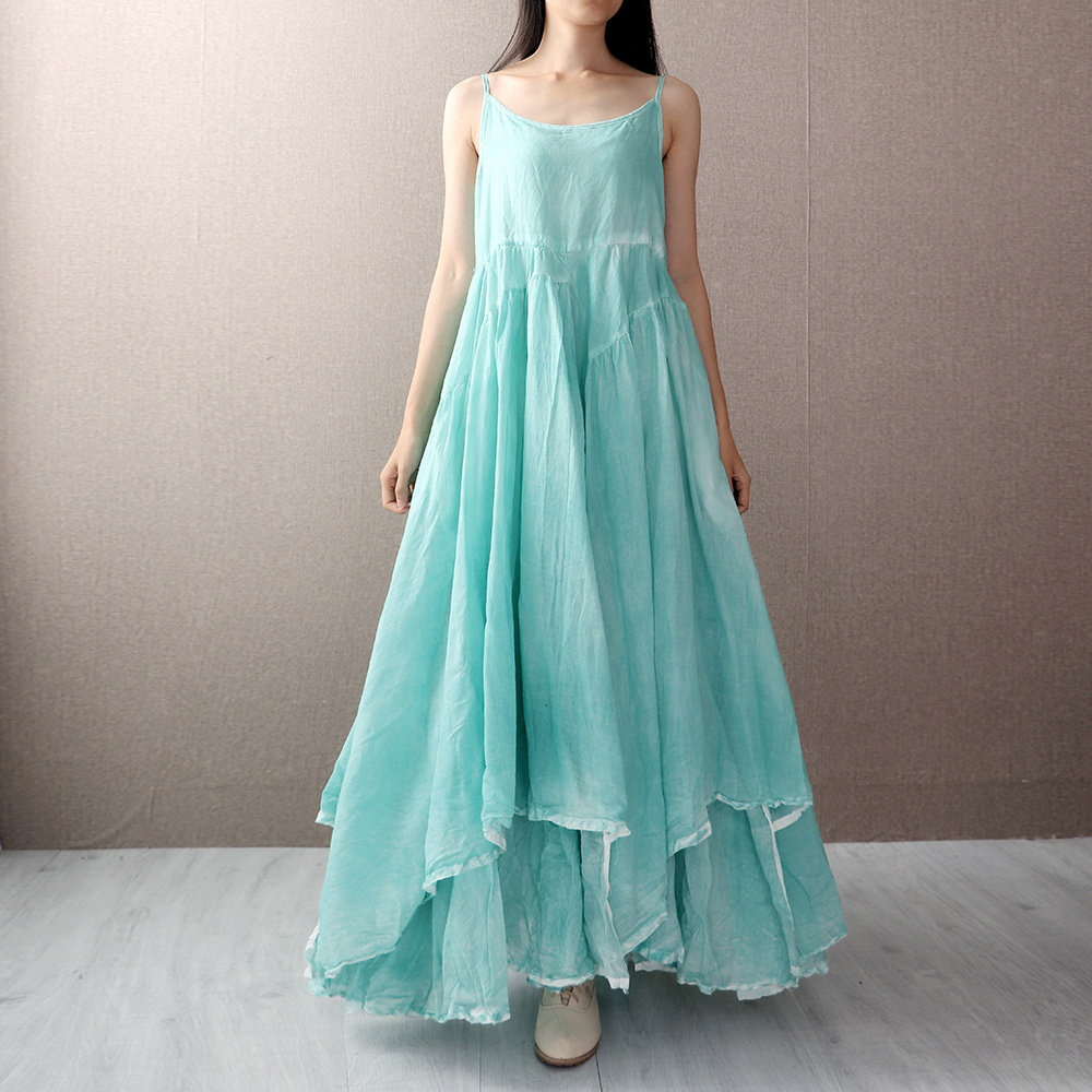 夏季波西米亚吊带裙棉麻连衣裙背心裙长裙大摆裙长款度假沙滩裙女